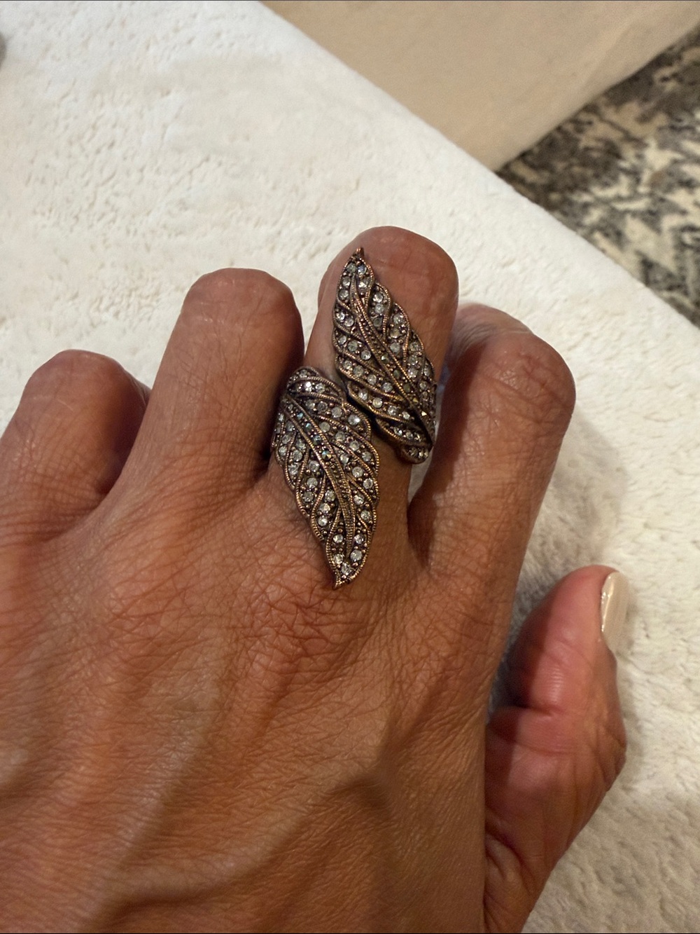 Crystal Pavé Leaf Wrap Ring - Antique Gold Tone